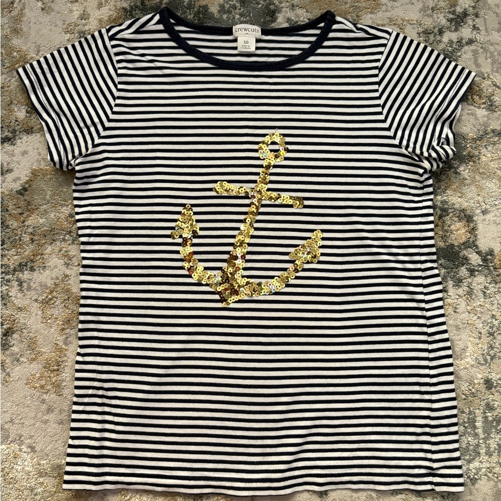 Crewcuts Navy and White Striped Tee with Gold Sequin Anchor